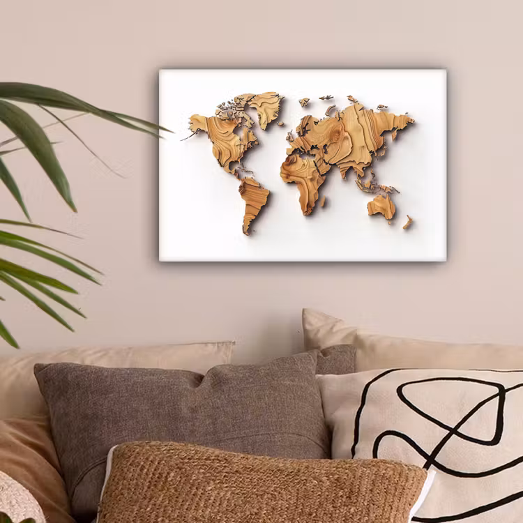 Wereldkaart - Houtstructuur - Artistiek canvas 2cm klein -sfeer1