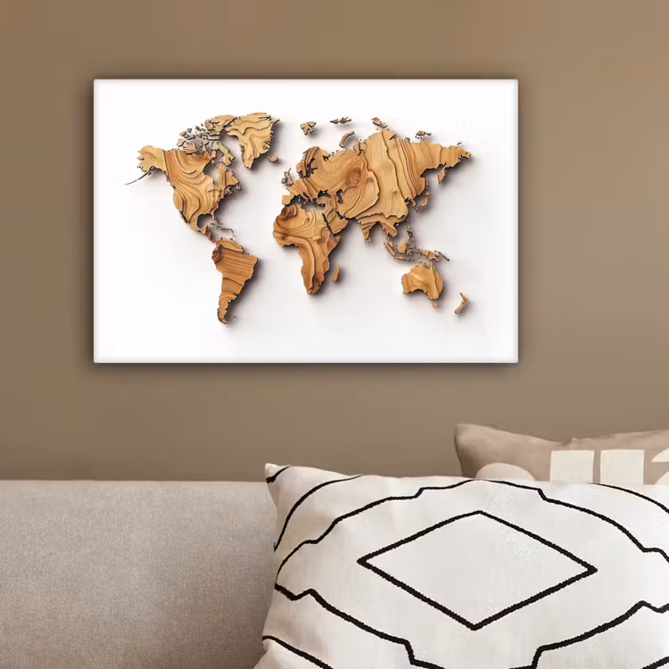 Wereldkaart - Houtstructuur - Artistiek canvas 2cm klein -sfeer3