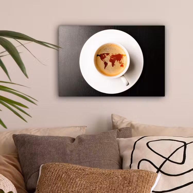Wereldkaart - Koffie - Zwart canvas 2cm klein -sfeer1