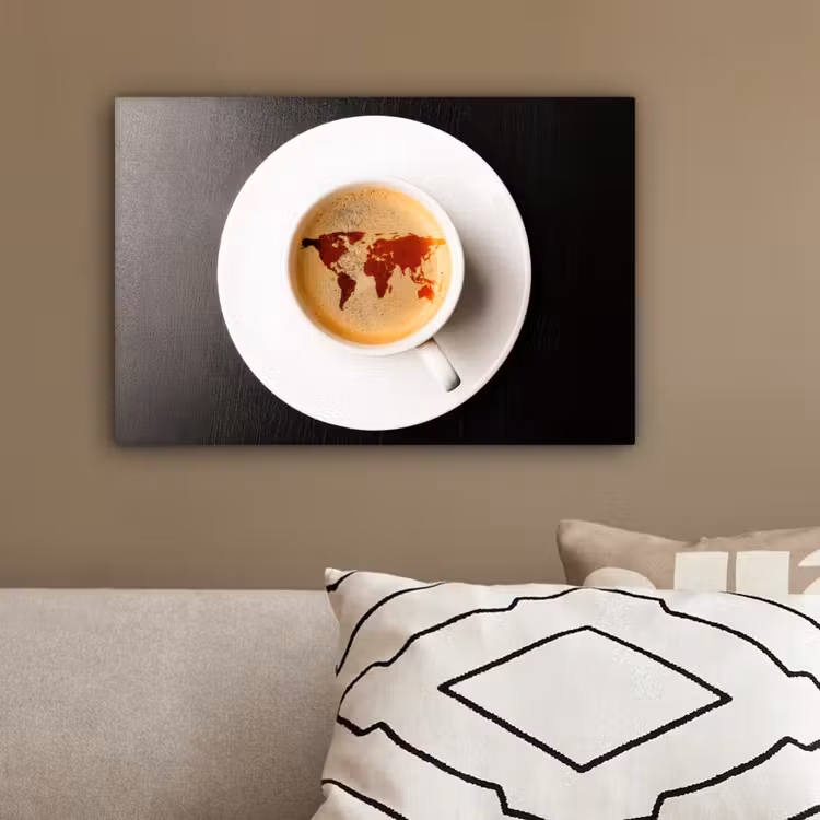Wereldkaart - Koffie - Zwart canvas 2cm klein -sfeer3