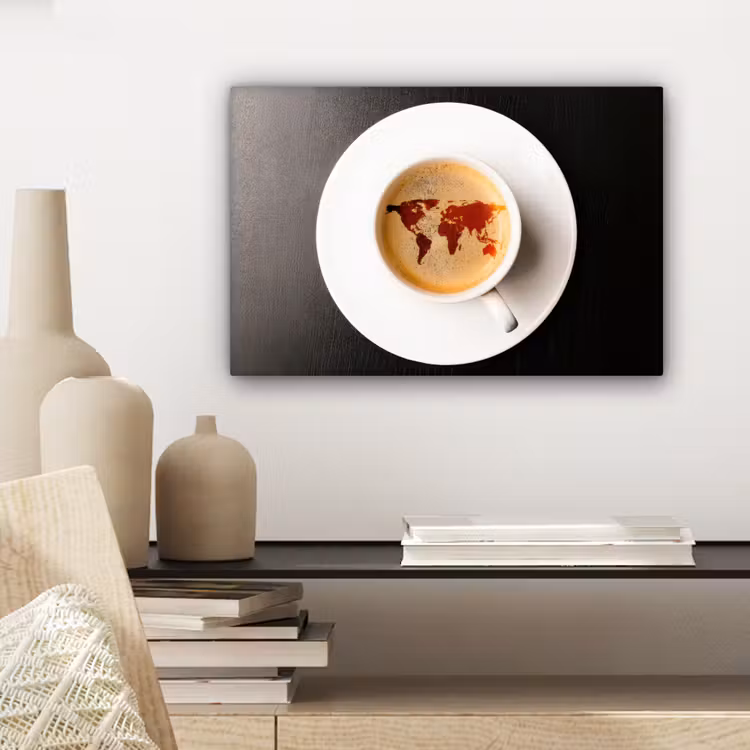 Wereldkaart - Koffie - Zwart canvas 2cm klein -sfeer6