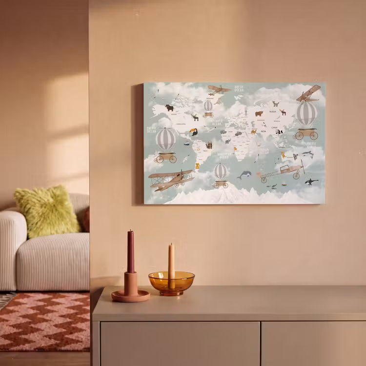 Wereldkaart - Kind - Vliegtuig canvas 2cm klein -sfeer1