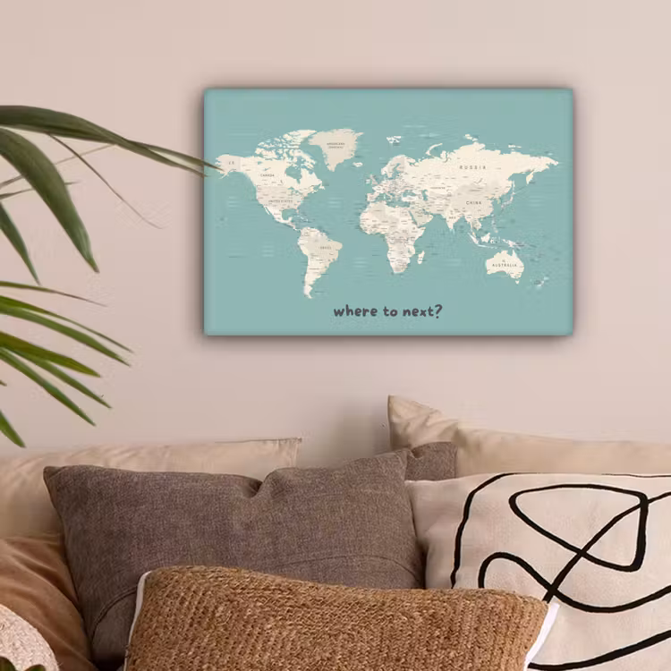 Wereldkaart - Klassiek - Lichtgroen - Landnamen canvas 2cm klein -sfeer1