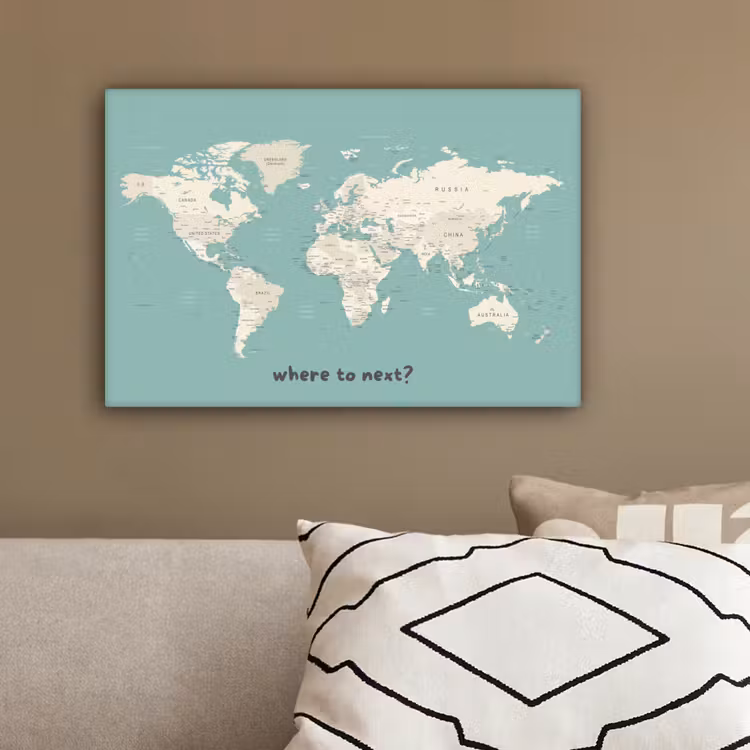Wereldkaart - Klassiek - Lichtgroen - Landnamen canvas 2cm klein -sfeer3