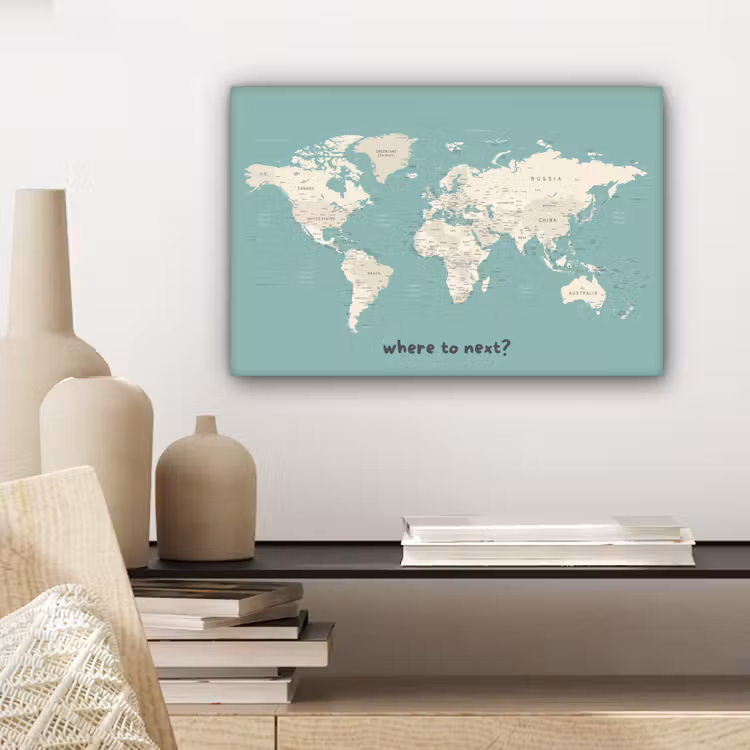 Wereldkaart - Klassiek - Lichtgroen - Landnamen canvas 2cm klein -sfeer6