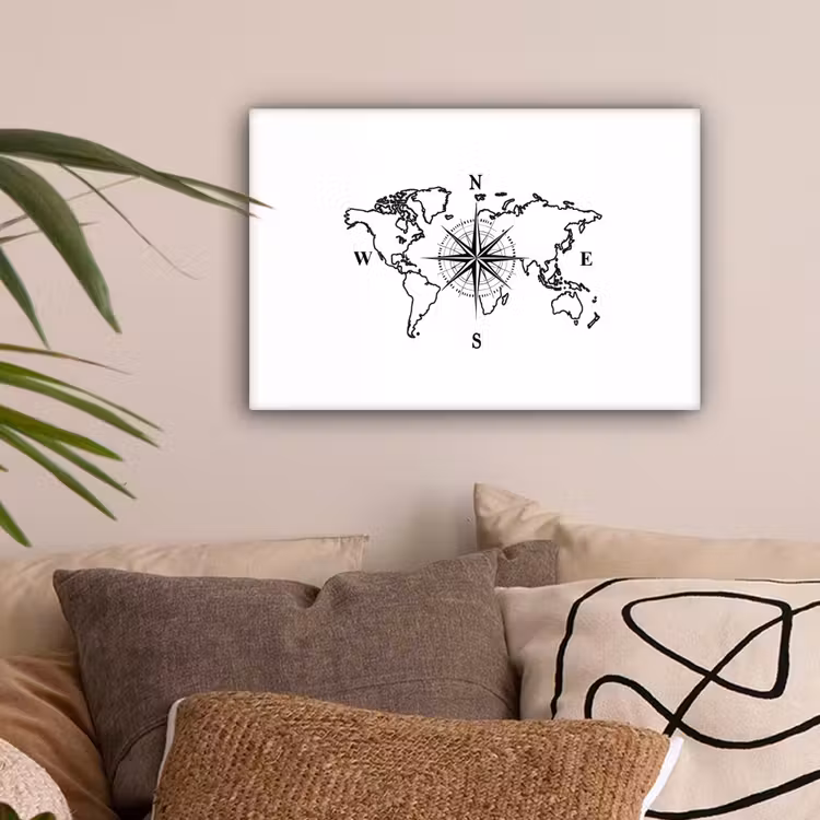Wereldkaart - Kompas - Minimalistisch canvas 2cm klein -sfeer1