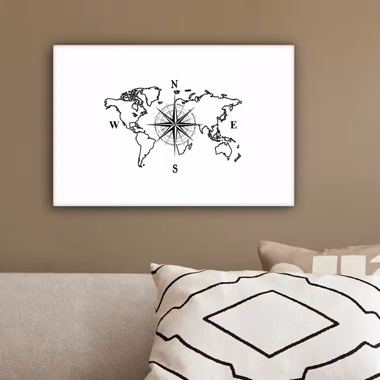 Wereldkaart - Kompas - Minimalistisch canvas 2cm klein -sfeer3