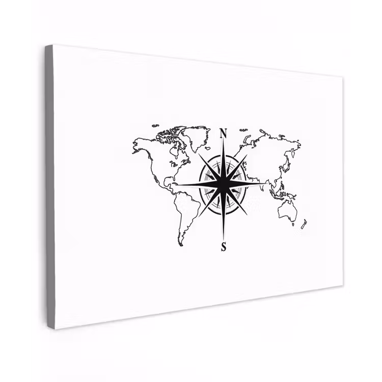 Wereldkaart - Kompas - Zwart - Wit canvas 2cm klein -z3d