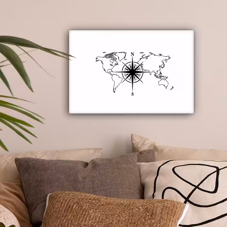 Wereldkaart - Kompas - Zwart - Wit canvas 2cm klein -sfeer1