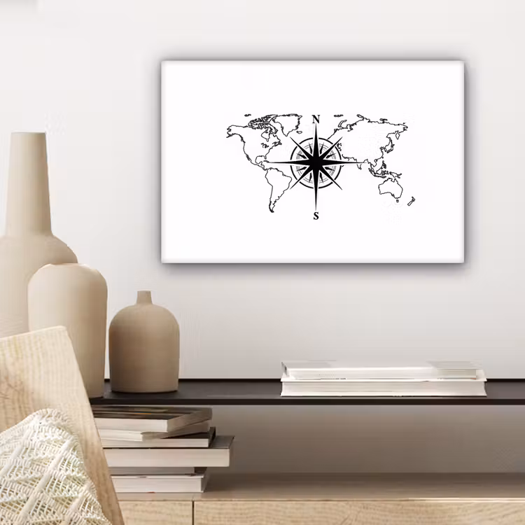 Wereldkaart - Kompas - Zwart - Wit canvas 2cm klein -sfeer6