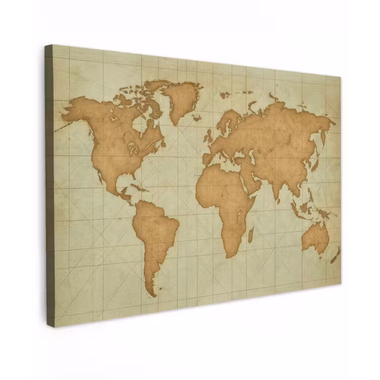 Wereldkaart - Kompasraster -Ruw canvas 2cm klein -z3d