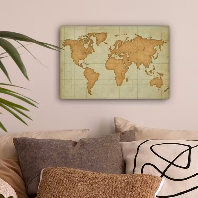Wereldkaart - Kompasraster -Ruw canvas 2cm klein -sfeer1
