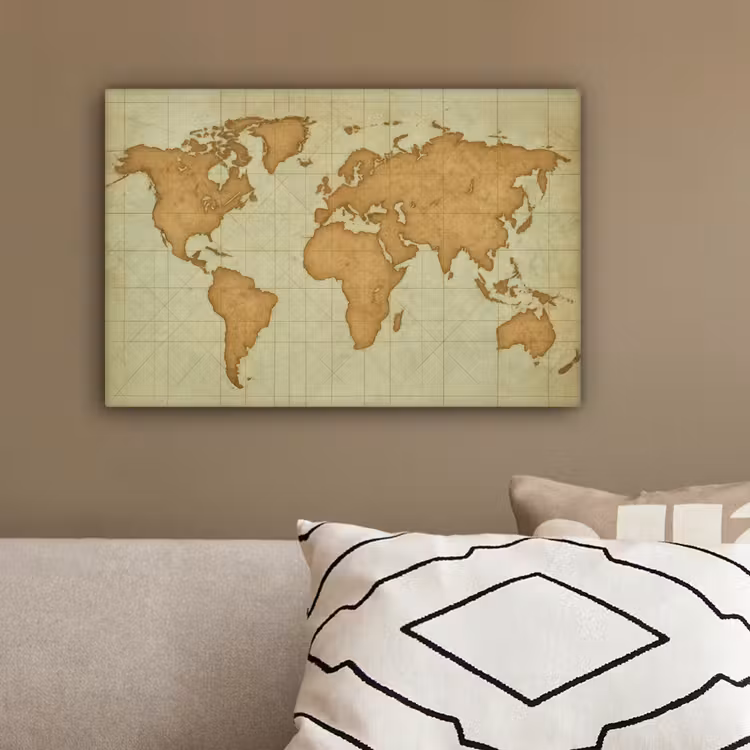 Wereldkaart - Kompasraster -Ruw canvas 2cm klein -sfeer3