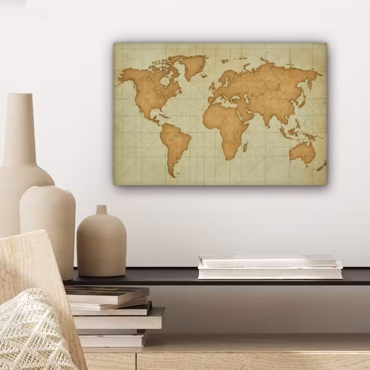 Wereldkaart - Kompasraster -Ruw canvas 2cm klein -sfeer6