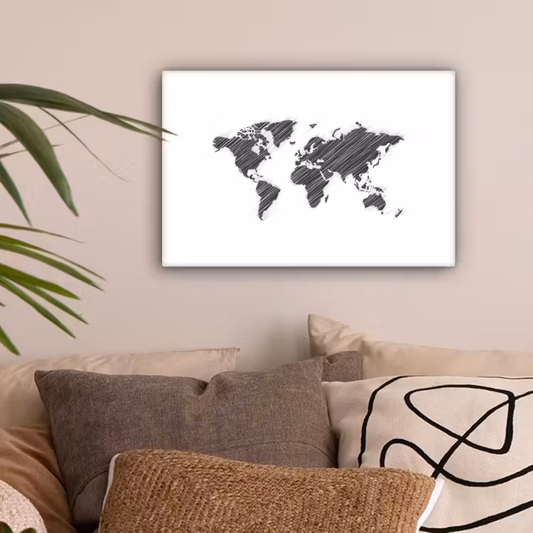 Wereldkaart - Contrast - Lijnen canvas 2cm klein -sfeer1