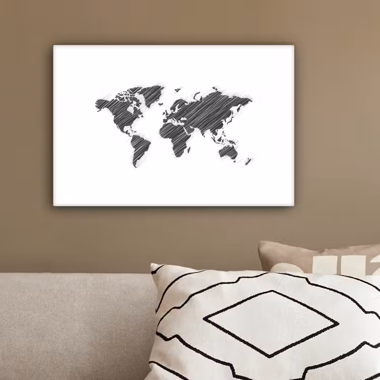 Wereldkaart - Contrast - Lijnen canvas 2cm klein -sfeer3