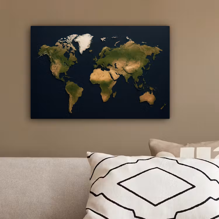 Wereldkaart - Contrast - Minimalistisch - Blauw canvas 2cm klein -sfeer3