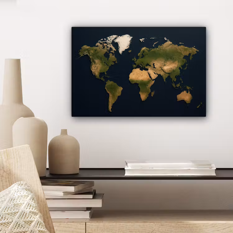 Wereldkaart - Contrast - Minimalistisch - Blauw canvas 2cm klein -sfeer6