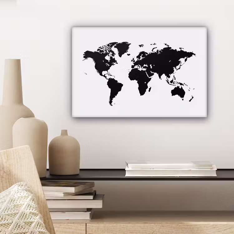 Wereldkaart - Contrast - Zwart - Wit canvas 2cm klein -sfeer6