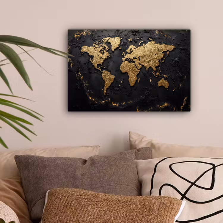Wereldkaart - Korrelige textuur - Subtiel canvas 2cm klein -sfeer1