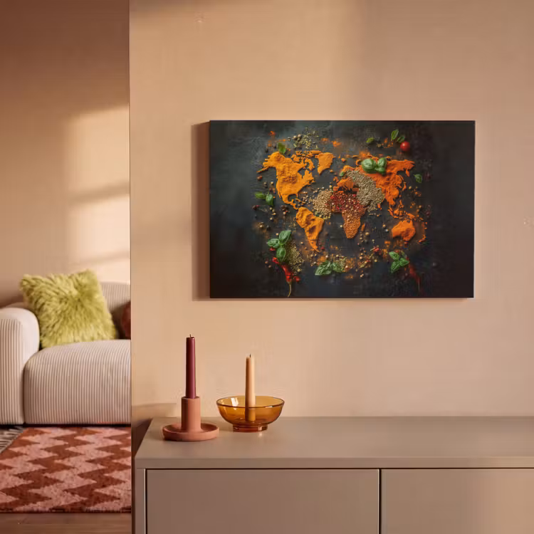 Wereldkaart - Kruiden - Levendige kleuren canvas 2cm klein -sfeer1