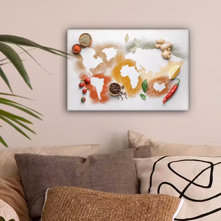 Wereldkaart - Kruiden - Wit canvas 2cm klein -sfeer1
