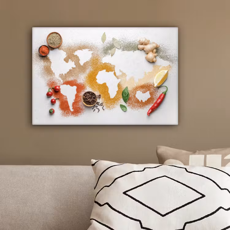 Wereldkaart - Kruiden - Wit canvas 2cm klein -sfeer3