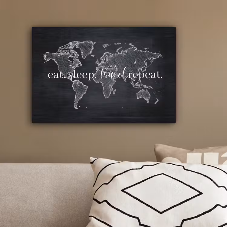 Wereldkaart - Krijt - Quote - Zwart canvas 2cm klein -sfeer3