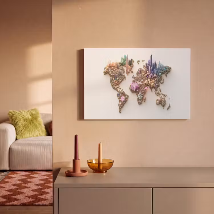 Wereldkaart - Kristallen - Unieke tinten canvas 2cm klein -sfeer1
