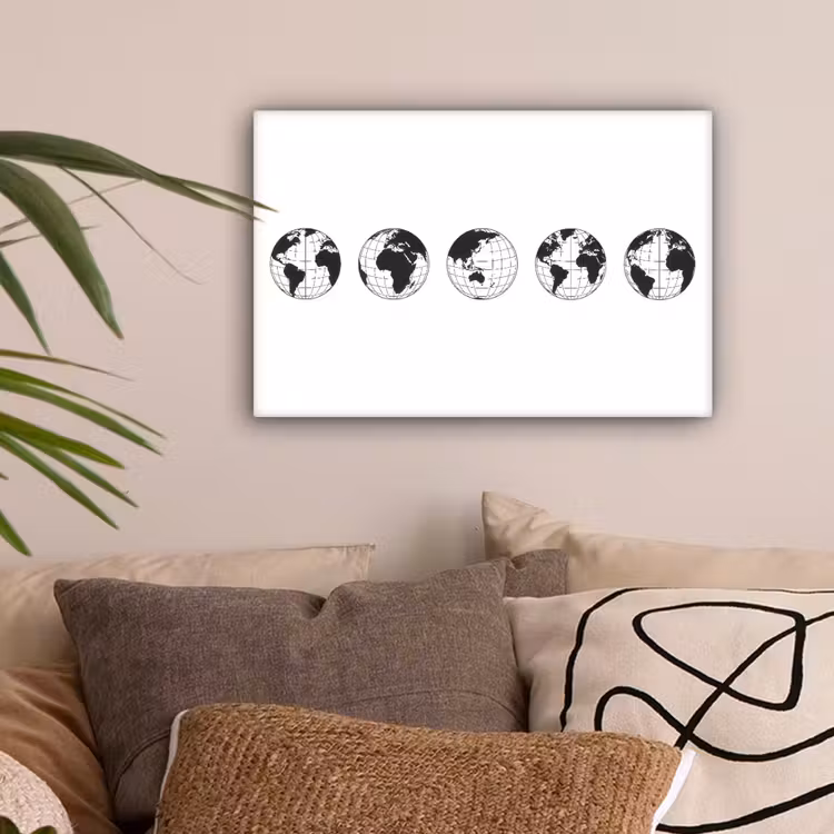 Wereldkaart - Bollen zwart wit canvas 2cm klein -sfeer1
