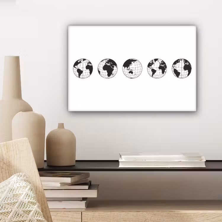 Wereldkaart - Bollen zwart wit canvas 2cm klein -sfeer6