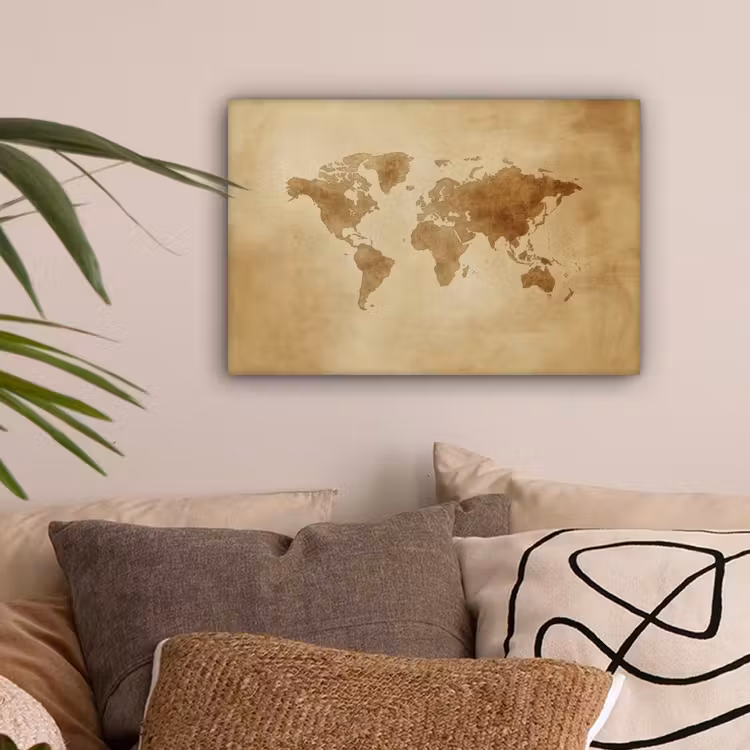 Wereldkaart - Lederen textuur canvas 2cm klein -sfeer1