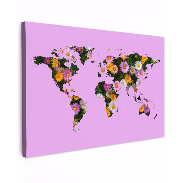 Wereldkaart - Paars - Madelief - Bloemen canvas 2cm klein -z3d