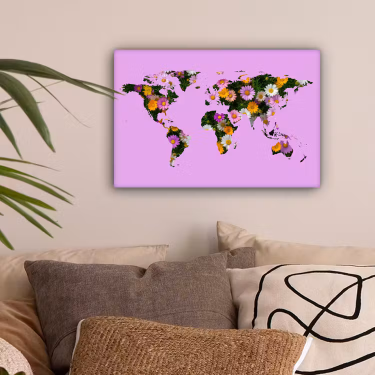 Wereldkaart - Paars - Madelief - Bloemen canvas 2cm klein -sfeer1