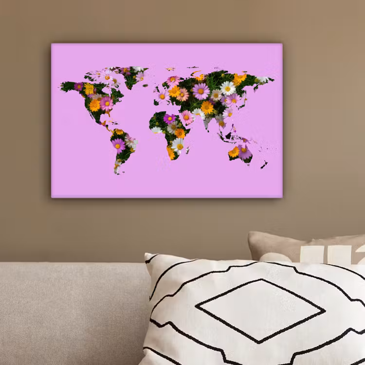 Wereldkaart - Paars - Madelief - Bloemen canvas 2cm klein -sfeer3