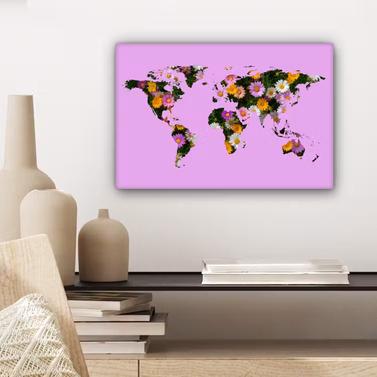Wereldkaart - Paars - Madelief - Bloemen canvas 2cm klein -sfeer6