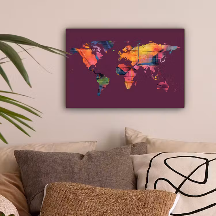 Wereldkaart - Paars - Graffiti canvas 2cm klein -sfeer1