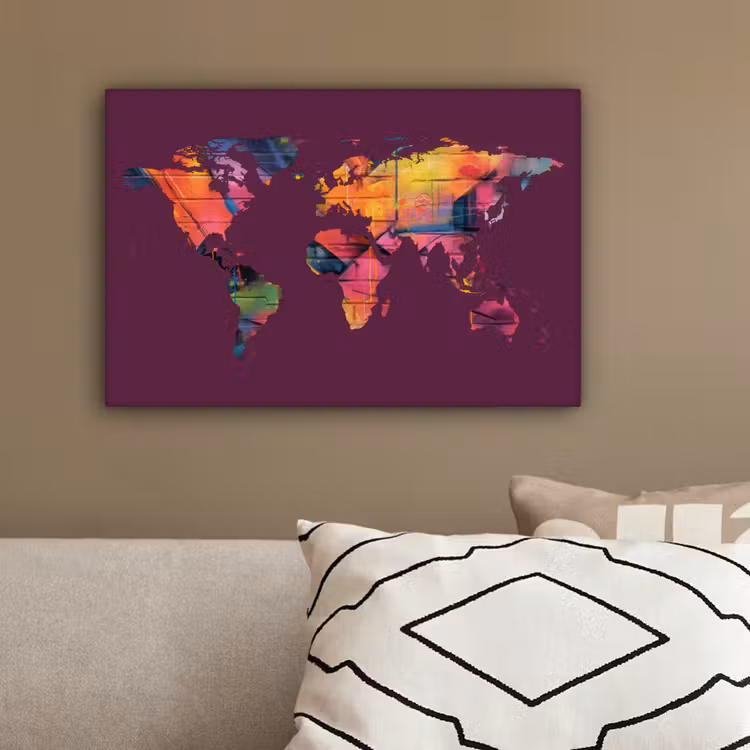 Wereldkaart - Paars - Graffiti canvas 2cm klein -sfeer3