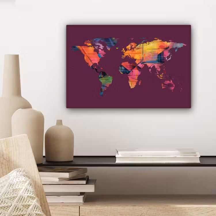 Wereldkaart - Paars - Graffiti canvas 2cm klein -sfeer6