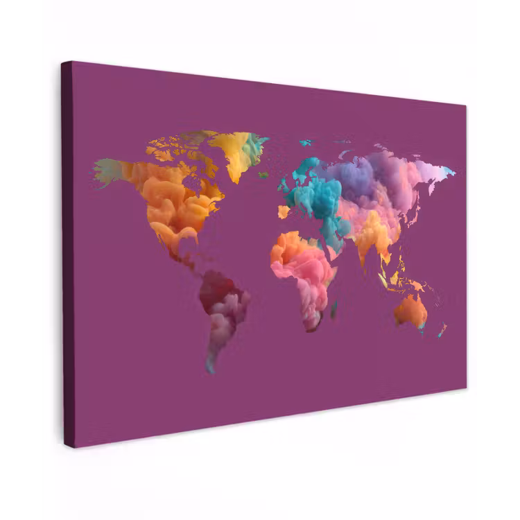 Wereldkaart - Paars - Inkt - Kleurrijk canvas 2cm klein -z3d