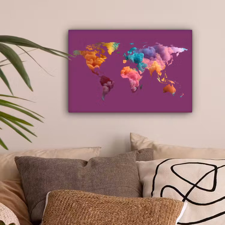 Wereldkaart - Paars - Inkt - Kleurrijk canvas 2cm klein -sfeer1