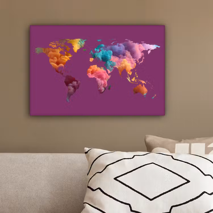 Wereldkaart - Paars - Inkt - Kleurrijk canvas 2cm klein -sfeer3
