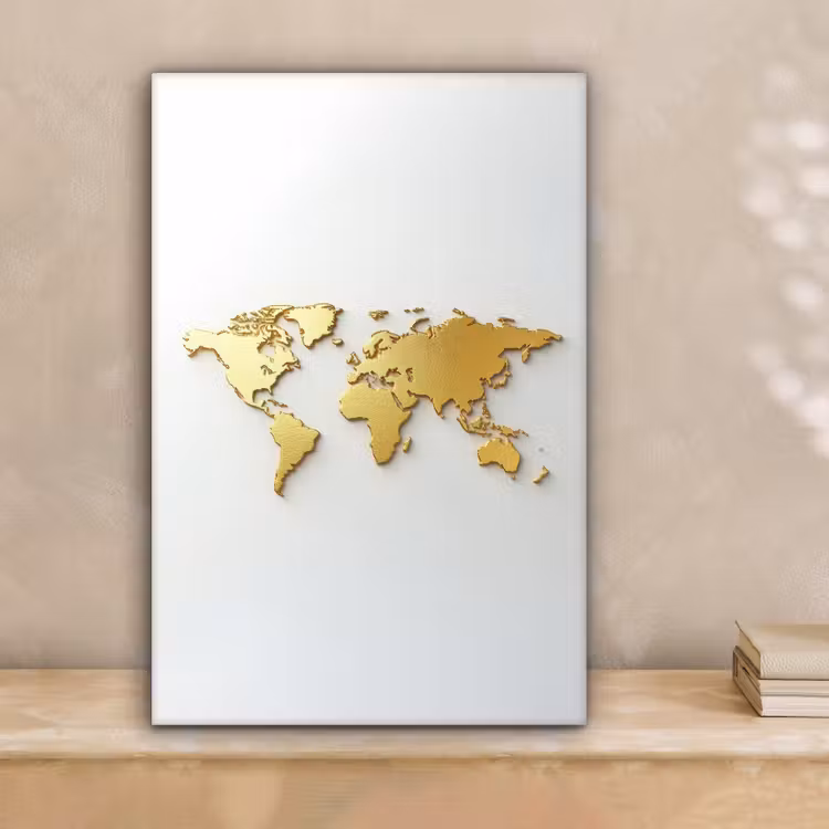 Wereldkaart - Luxe uitstraling - Glanzend goud canvas 2cm klein -sfeer1