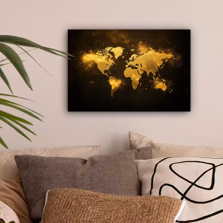 Wereldkaart - Magisch effect - Gouden deeltjes canvas 2cm klein -sfeer1