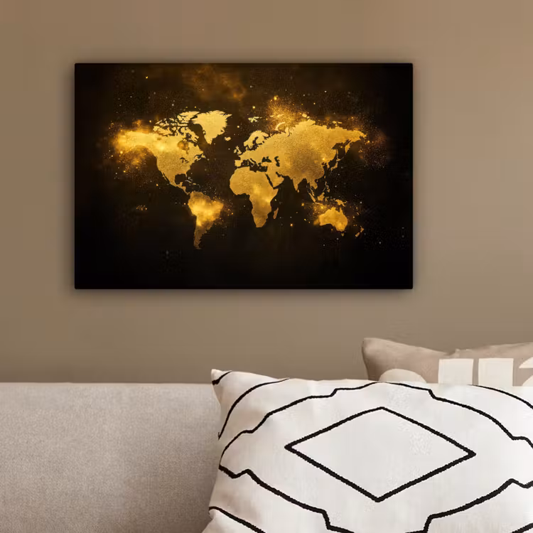 Wereldkaart - Magisch effect - Gouden deeltjes canvas 2cm klein -sfeer3