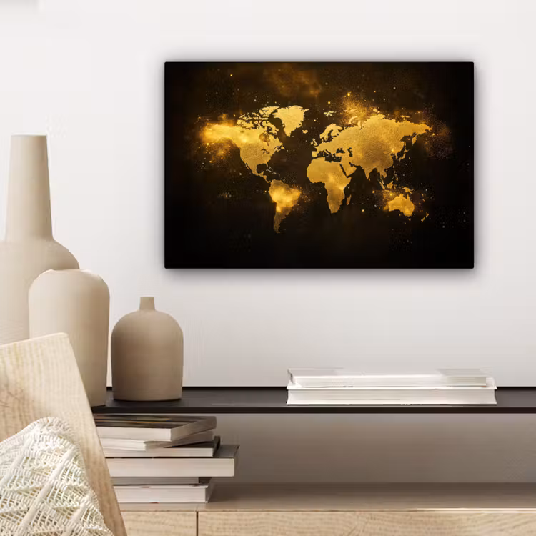 Wereldkaart - Magisch effect - Gouden deeltjes canvas 2cm klein -sfeer6