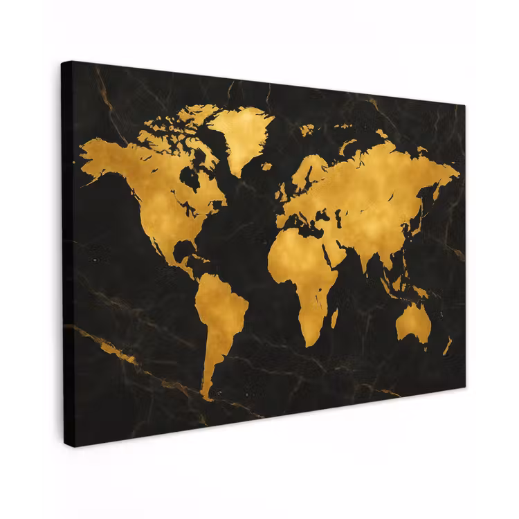 Wereldkaart - Marmerstructuur - Elegant - Zwart canvas 2cm klein -z3d