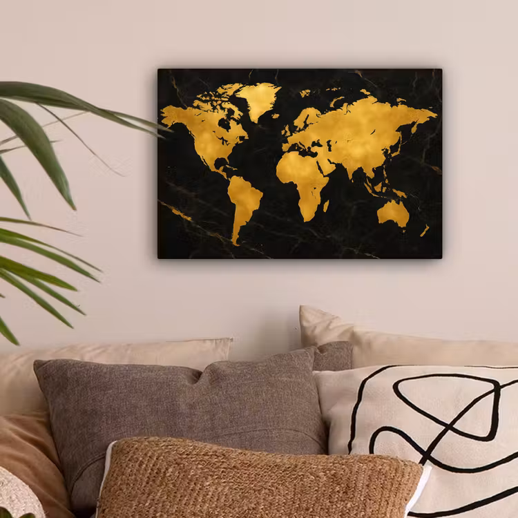 Wereldkaart - Marmerstructuur - Elegant - Zwart canvas 2cm klein -sfeer1