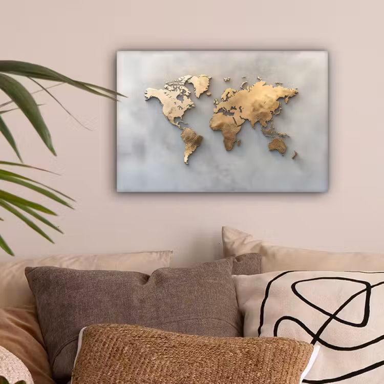 Wereldkaart - Metaal - Grijs canvas 2cm klein -sfeer1