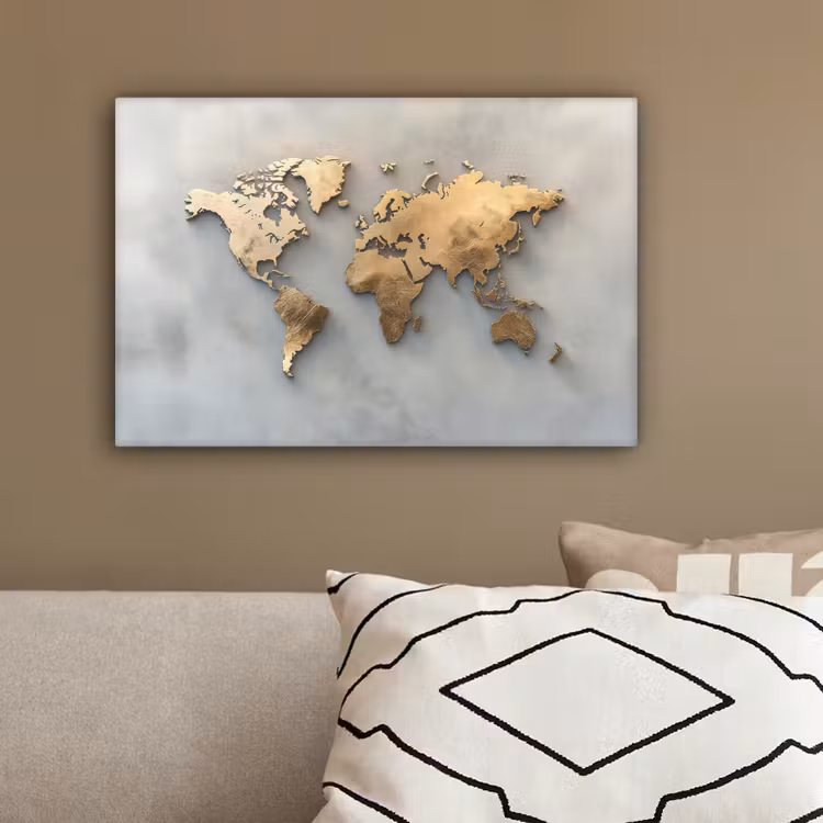 Wereldkaart - Metaal - Grijs canvas 2cm klein -sfeer3